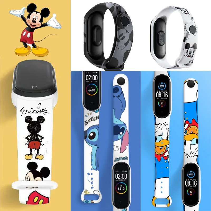 

Disney Mickey Mouse Minnie Strap for Mi Band 3 4 5 6 Cartoon Mickey Anime Figure Doll Silicone Sports Bracelet Replacement Strap