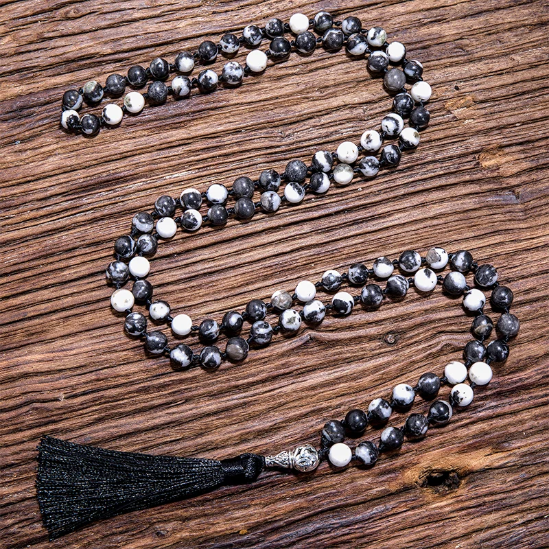 

8 мм натуральный камень "Зебра" из бисера ожерелье с узелками 108 джапамала четки оптом по низкой цене для йоги благословение ювелирные издели...