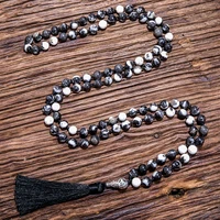 8mm natural zebra stone beaded knotted necklace 108 japamala rosary yoga blessing jewelry tibetan buddha head tassel pendant