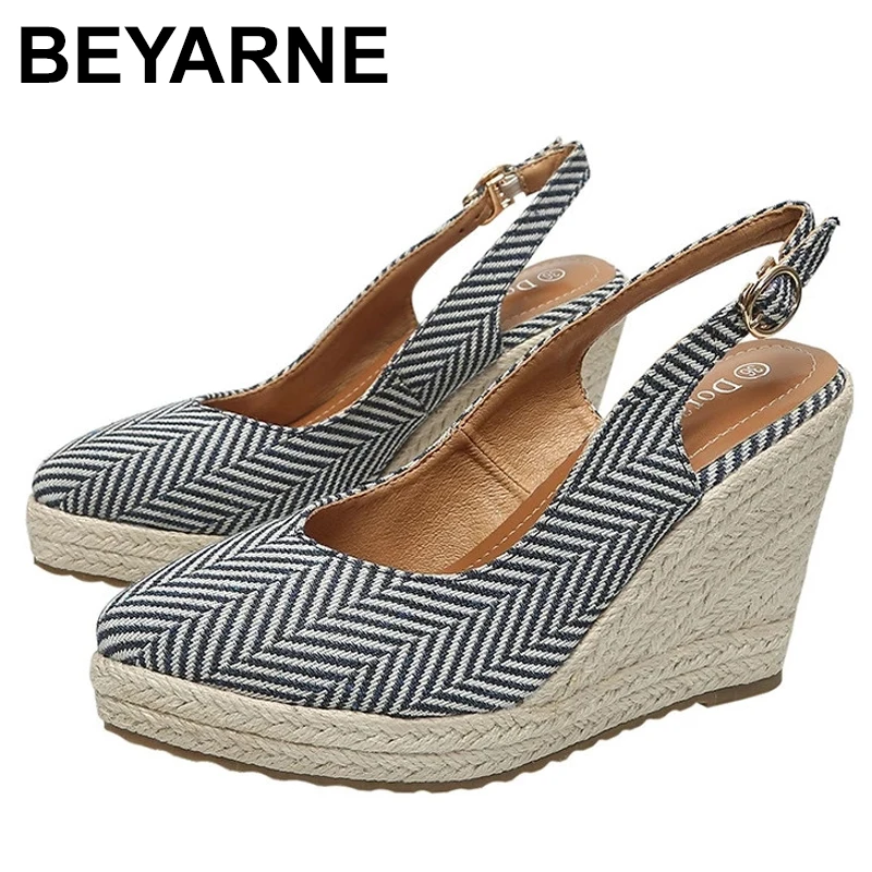 

BEYARNEHigh Heel Wedge Shoes 2021 Newest Fashion Style Women Sandals Female Pointed Toe Slippers High-heeled Espadrilles Straw