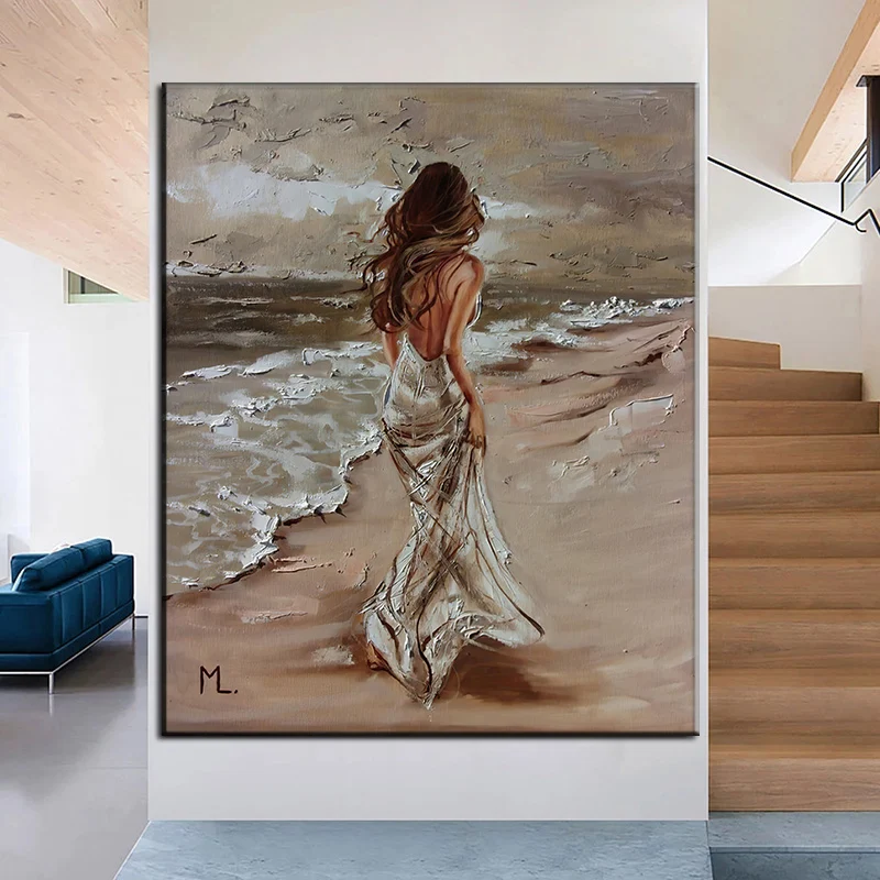 

Modern Elegant Girl Walk In Seasid Oil Painting Canvas Print Famous Lady Painting Posters Wall Art Picture Home Gallery Decor