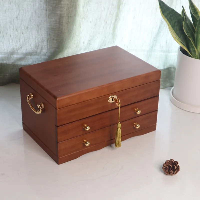 New Three-Layer Solid Wood Jewelry Box Retro With Lock Princess European Style Korean Jewelry Storage Box Wedding Birthday