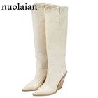 Женские сапоги до колена, на каблуке 9,5 см, кожаная зимняя обувь, женские зимние сапоги на меху, женские сапоги до бедра, сапоги на платформе