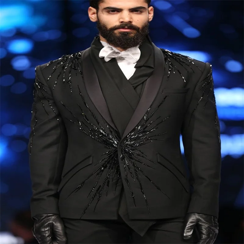 

Black Men's Two-Piece Suit Luxury Beaded Custom Men's Suit One-Button Tuxedo Pointed Lapel Blazer Business Jacket + Pants