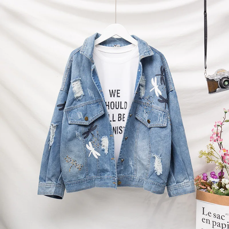 

2021 Embroidery Denim Hole Jacket Loose Cotton Women's Fashion Pattern Lapel Streetwear Blue Autumn Jeans Coat Plus Size 5XL