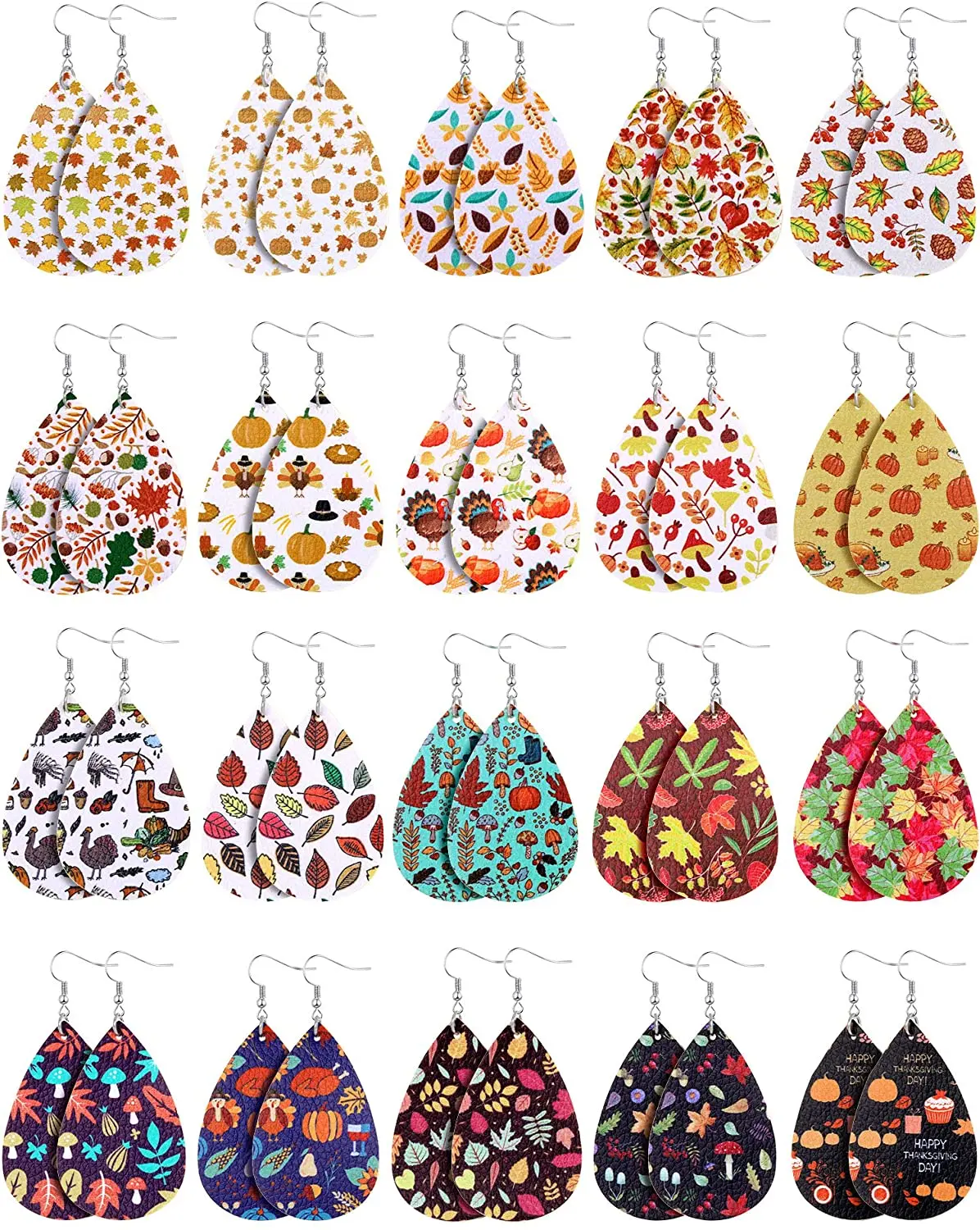 

20 Pairs Thanksgiving Fall Faux Leather Earrings for Women Girl Pumpkin Maple Leaf Earrings Turkey Print Teardrop Dangle Earring