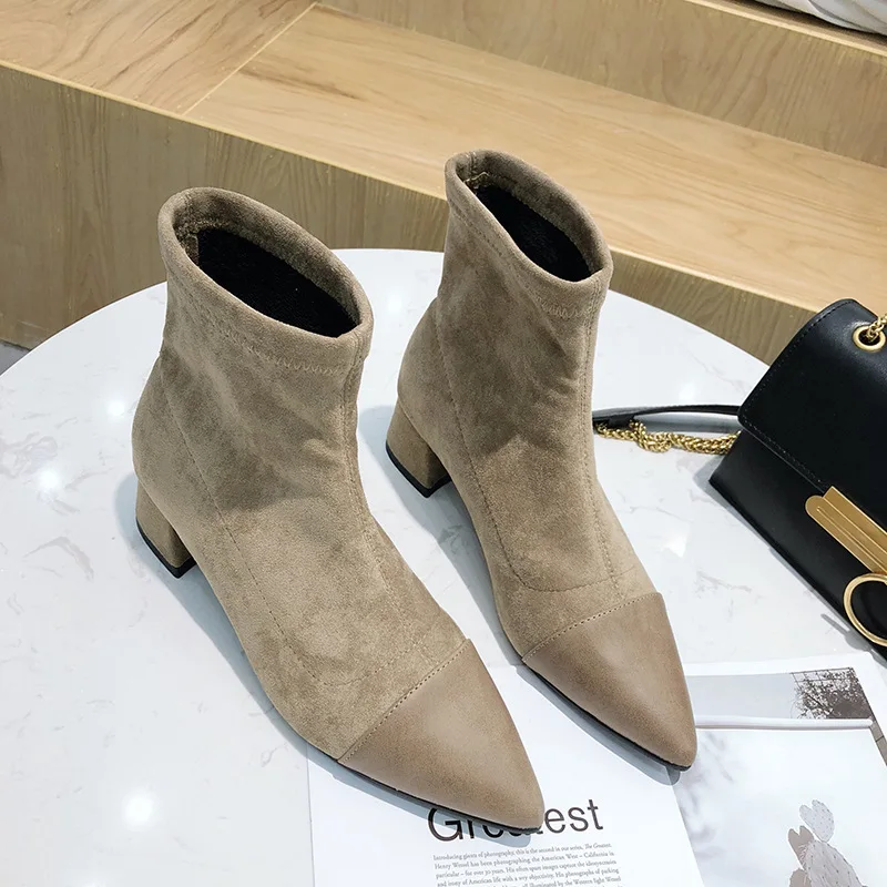 Ботильоны женские черные и персиковые замша кожа в стиле пэчворк модные зимние