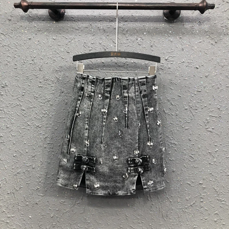 

Split High Waist Slimming Washed Beaded Midi Denim Skirt Spring and Summer 2021 New Women's Hip-Wrapped GraySkirt Punk Skirts