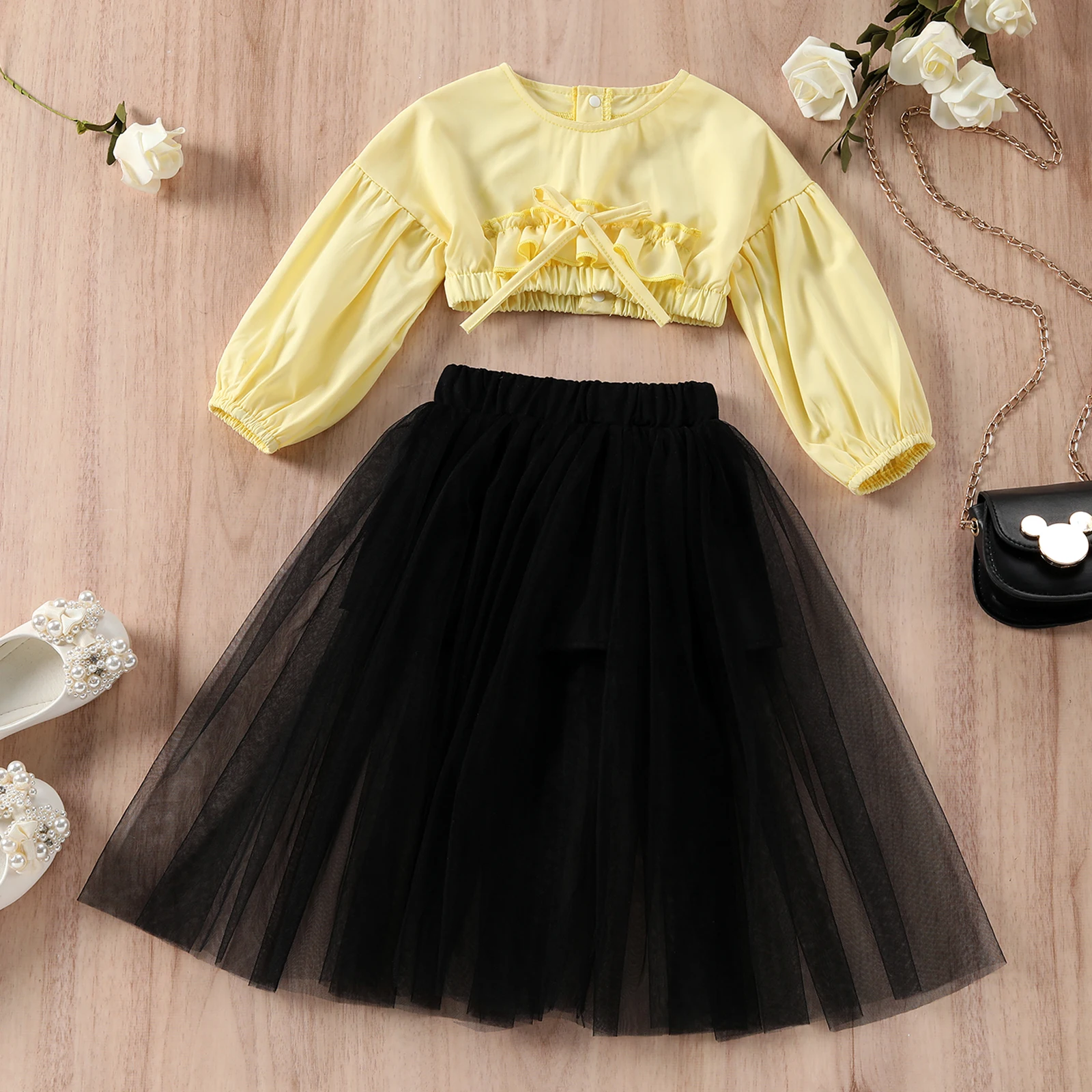 

3-8 Years Clothing Set Girls Casual Two-piece Clothes Set, Yellow Solid Color Round Collar Long Sleeve Tops and Black Yarn Skirt