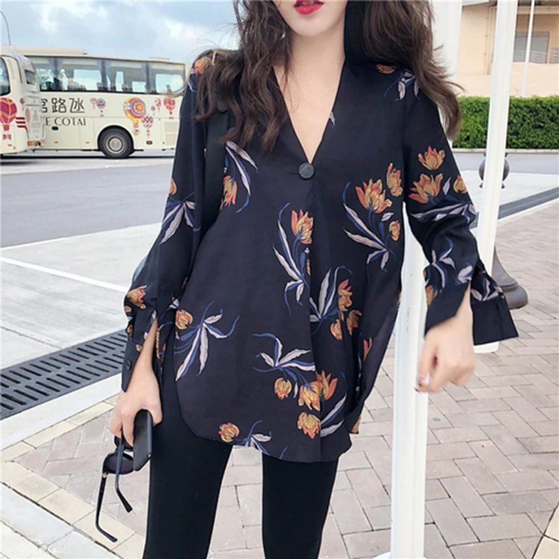 Женская шифоновая блузка с длинным рукавом винтажная v-образным вырезом и