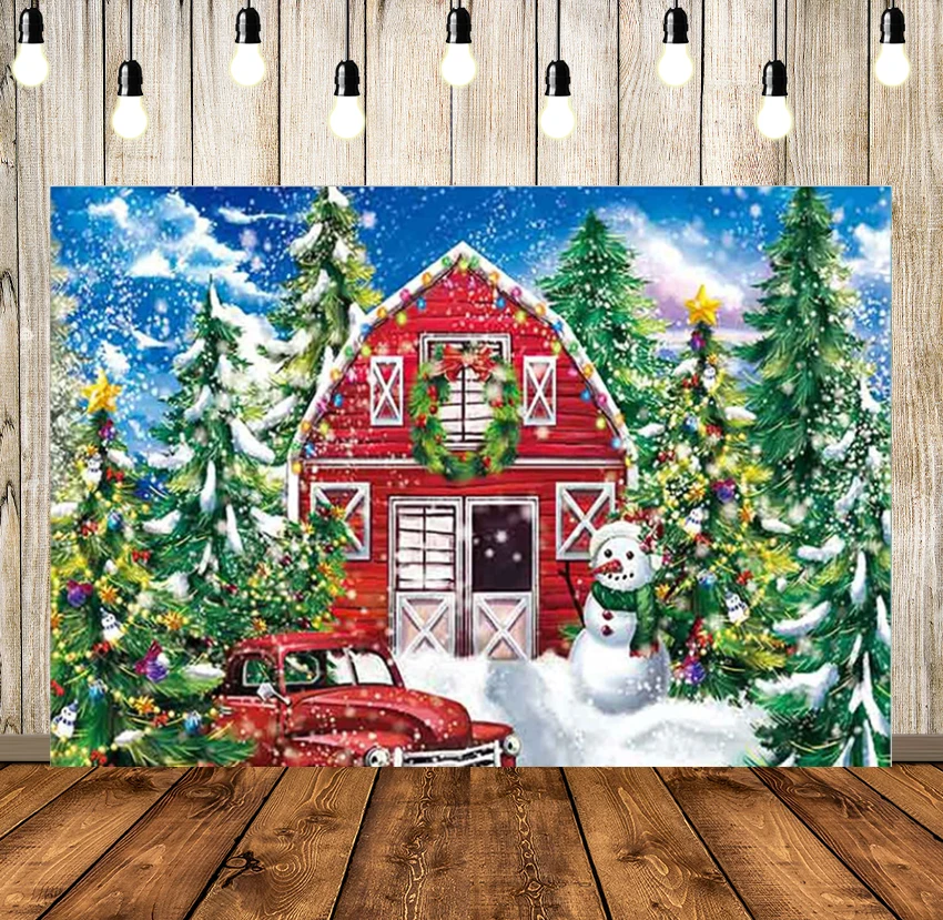 

Christmas Forest Farmhouse Barn Party Backdrop Winter Theme Xmas Tree Photo Background Birthday Baby Shower Decoration
