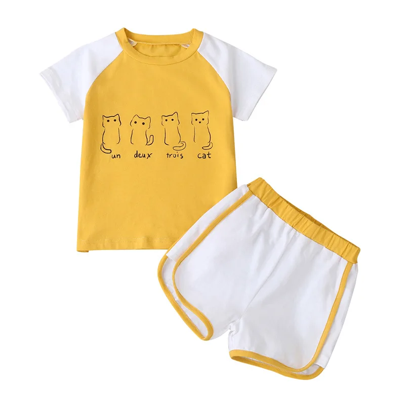 

2021 Summer Children Sets Casual Short Sleeve O Neck Print Cat T-shirt Patchwork White Shorts 2Pcs Girl Boys Clothes Sets 18M-6T
