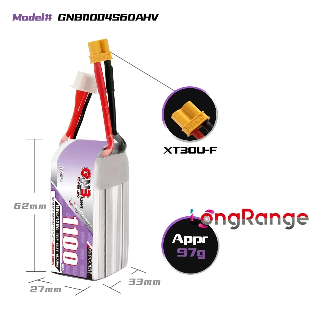 

Gaoneng GNB 1100mAh 4S 15.2V 60C/120C LiHV Lipo Battery with XT30 Plug for FPV Racing Drone RC Quadcopter Helicopter RC Parts