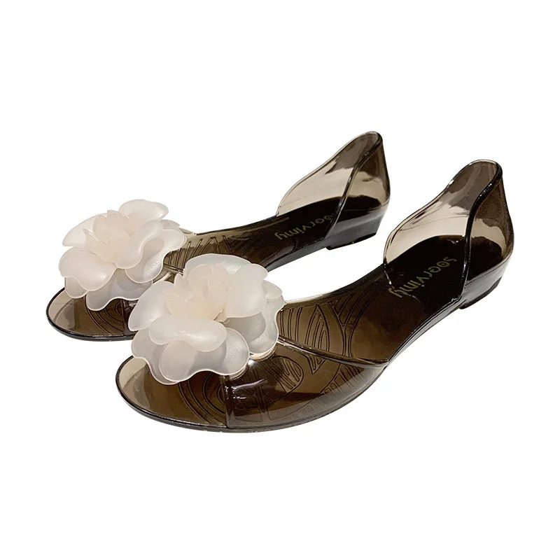 

Summer 2021 Trend Women Casual Fashion Sandals PVC Transparent Jelly Shoes Flat Peep Toe Flower Appliques Beach Ladies Shoes