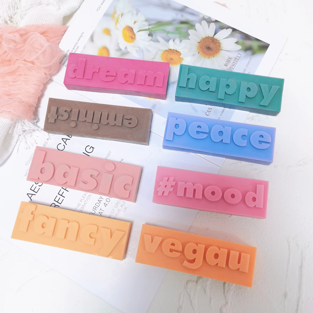 

Home Decorative 16 Designs Slogan Block Pillar Candle Molds Rectangle Letter Alphabet Silicone Candle Mould Basic Dream Words