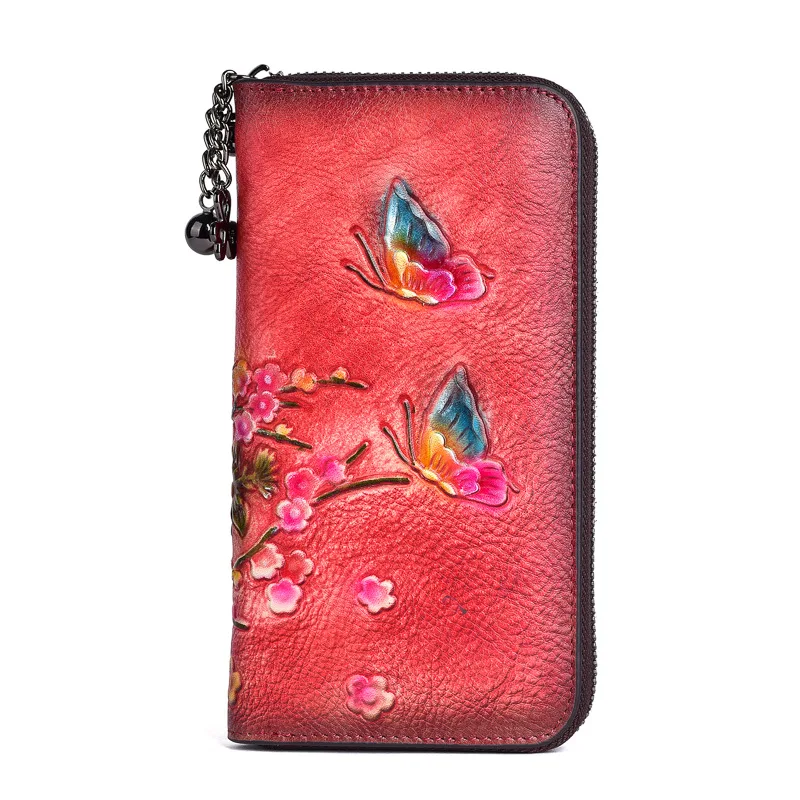 

2021 New Chinese Style Retro Women Clutch Genuine Leather Long Zipper Wallet Women Vintage Handmade Embossed Card Holder