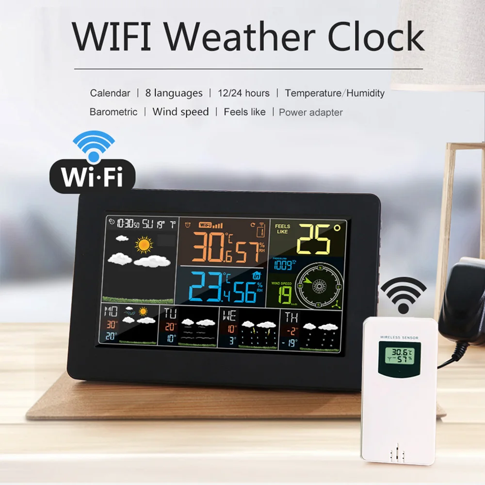 Color WiFi Smart Weather Monitor APP Control Indoor Outdoor Temperature Humidity Barometric Wind Speed Digital Clock Functions