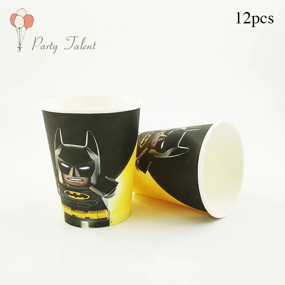 12pcs cups Мальчики дети супер герой Бэтмен тема посуда для вечеринки в честь Дня Рождения шар конфеты коробка флаг тарелка чашка соломы кисточкой вечерние принадлежности - Цвет: 12pcs cups