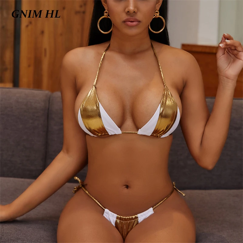 Сексуальные стринги бикини женский купальник лето 2020 золотой белый купальный