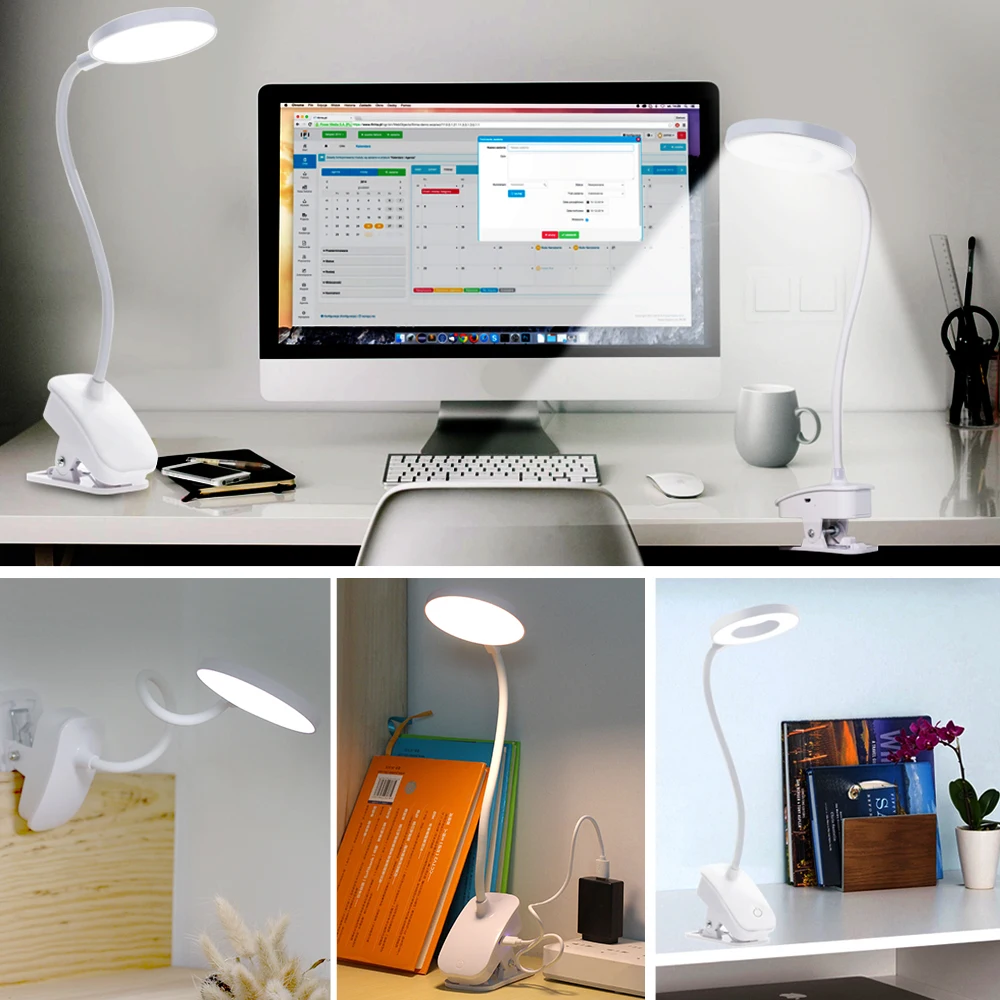 

Clip LED Desk Lamp Touch Dimmable Reading Lamp USB Bedside Book Light