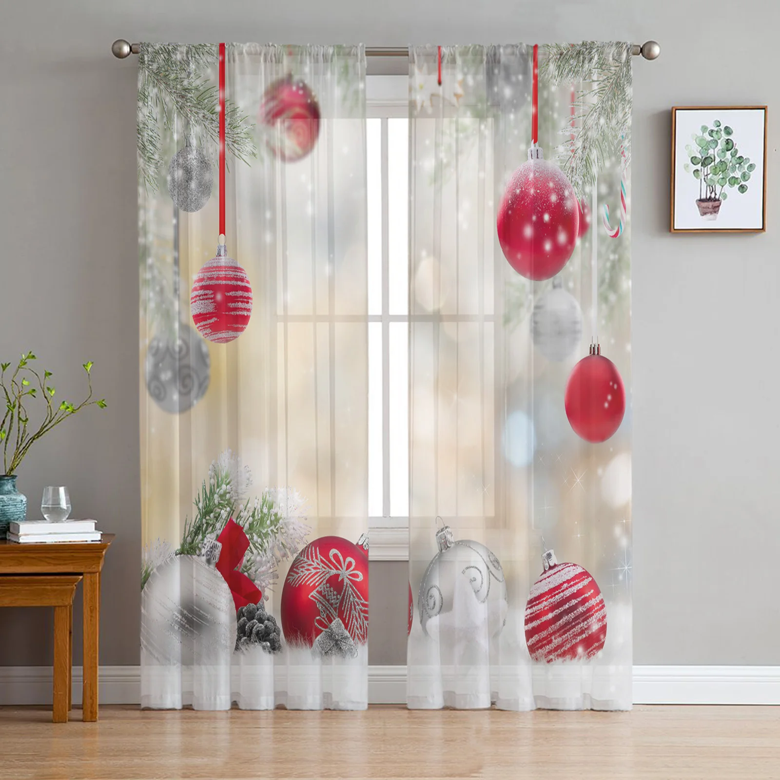 Christmas Bell Snowflake Tulle Sheer Window Curtains for Living Room the Bedroom Christmas Decoration Voile Curtains Drapes