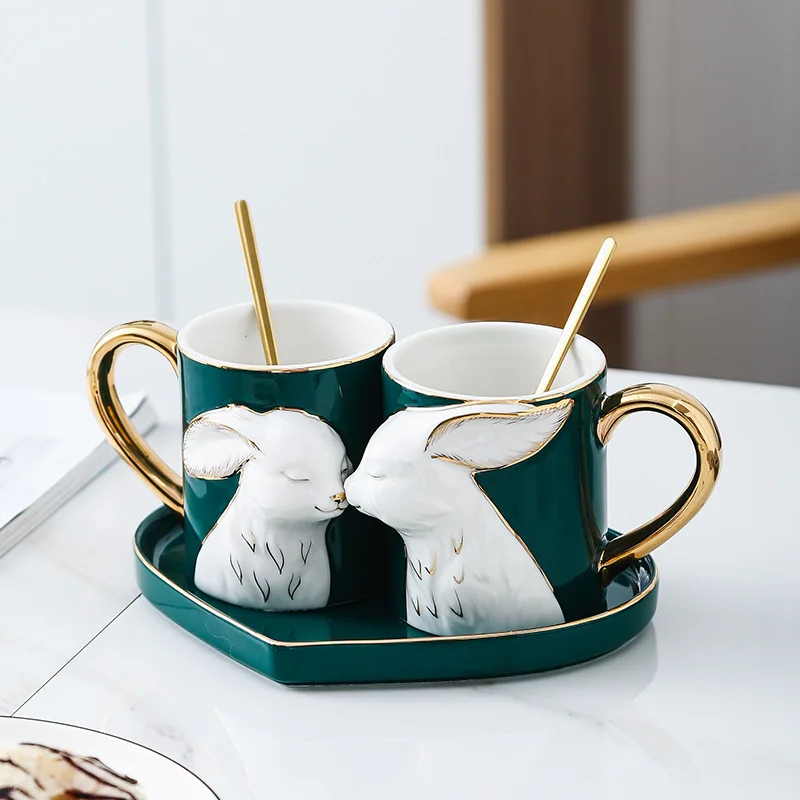 Creative Porcelain Coffee Cup Double Luxury Heart Shaped Saucer Tea Cups with Spoon Milk Tazas Creativas Home Container LL50TC | Дом и сад