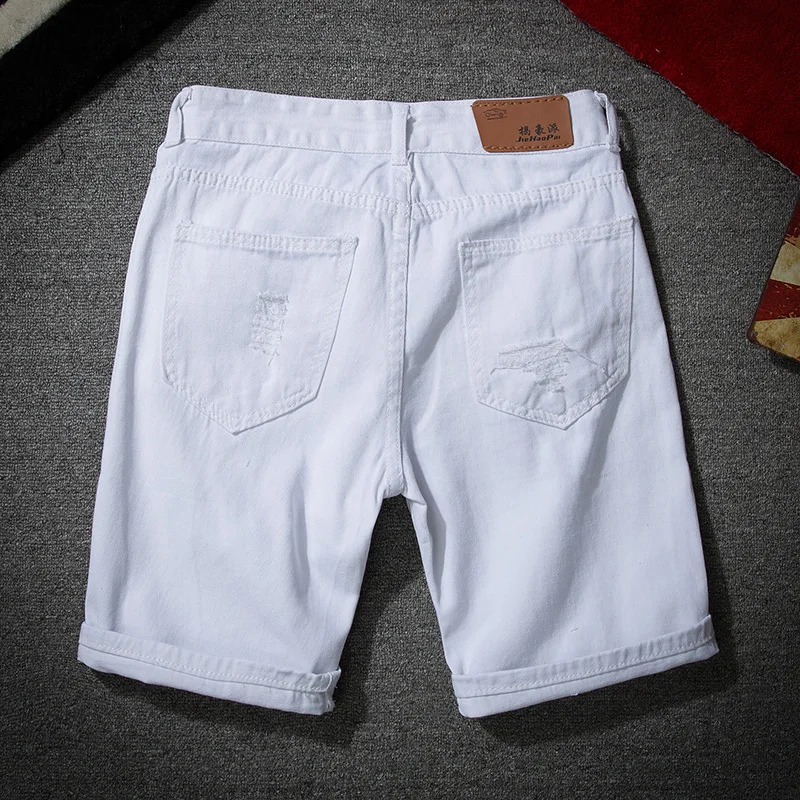 

Men White Denim Shorts New Summer Men Holes Casual Shorts Jeans Men Cotton Solid Slim Fit Shorts Pants Knee Length Pants