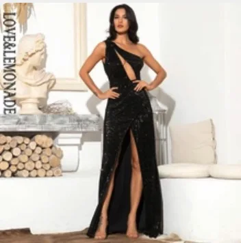 BLACK LOVE&LEMONADE Sexy One Shoulder Cut Out Green Cross Split Sequin Bodycon Maxi Dress LM81952 Autumn/Winter - Цвет: BLACK