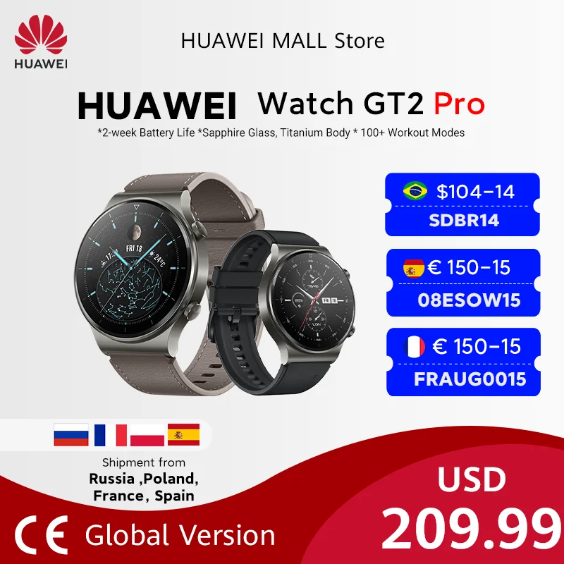 

In stock Global Version HUAWEI Watch GT 2 pro SmartWatch 14 days Battery Life GPS Wireless Charging Kirin A1 GT2 Pro