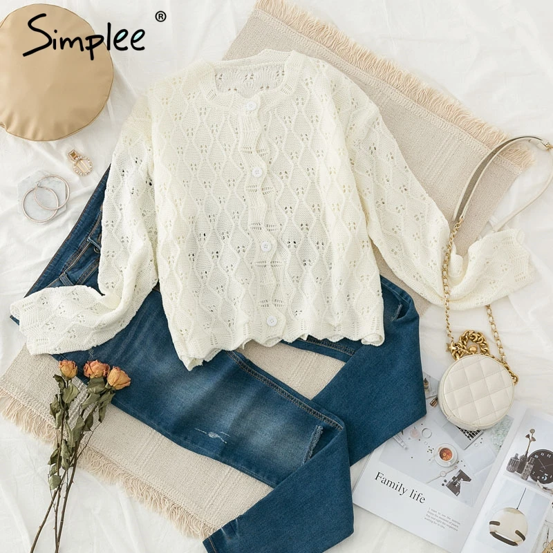 Simplee O-neck elegant white knitted women cardigan Long sleeve single-breasted female Casual autumn winter |