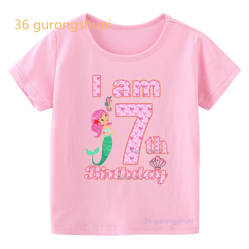 I Am 7th 8 9 old Year Birthday cartoon kids t shirt for girls clothes children summer tshirt girl clothing graphic Pink t shirts