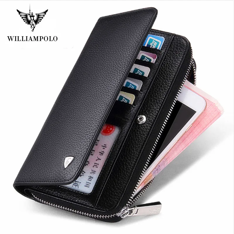 WILLIAMPOLO Men Long Wallet  New Luxury Brand 100% Top Genuine Cowhide Leather High Quality Coin Purse fashion Male  Wallets