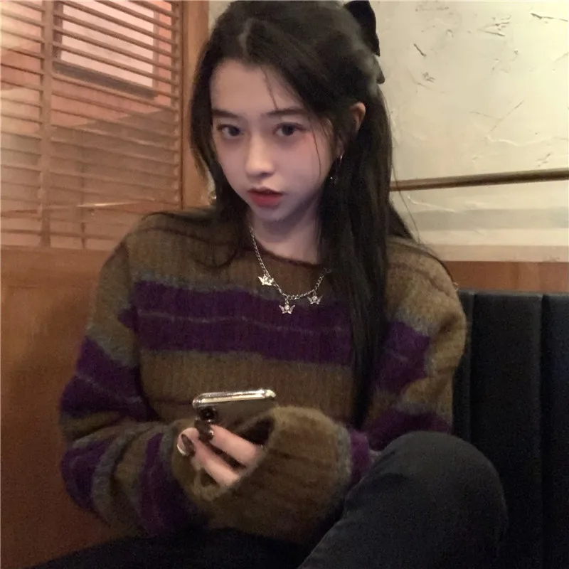 

Crop Top Hipster Striped Loose O-neck Women's Clothing Sweaters Knitted Vintage Long Sleeve Fashion Brand Female Pullovers