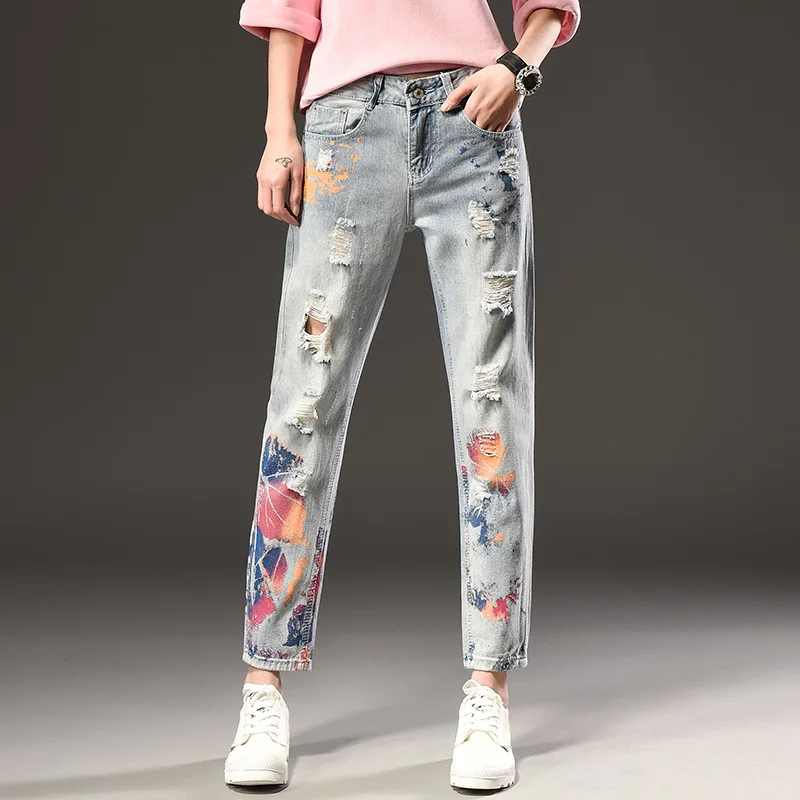 light blue Женские джинсы модные окрашенные печатные желтые джинсовые свободные облегающие винтажные синие брюки размера плюс горячая распродажа джинсы с высокой талией - Цвет: light blue