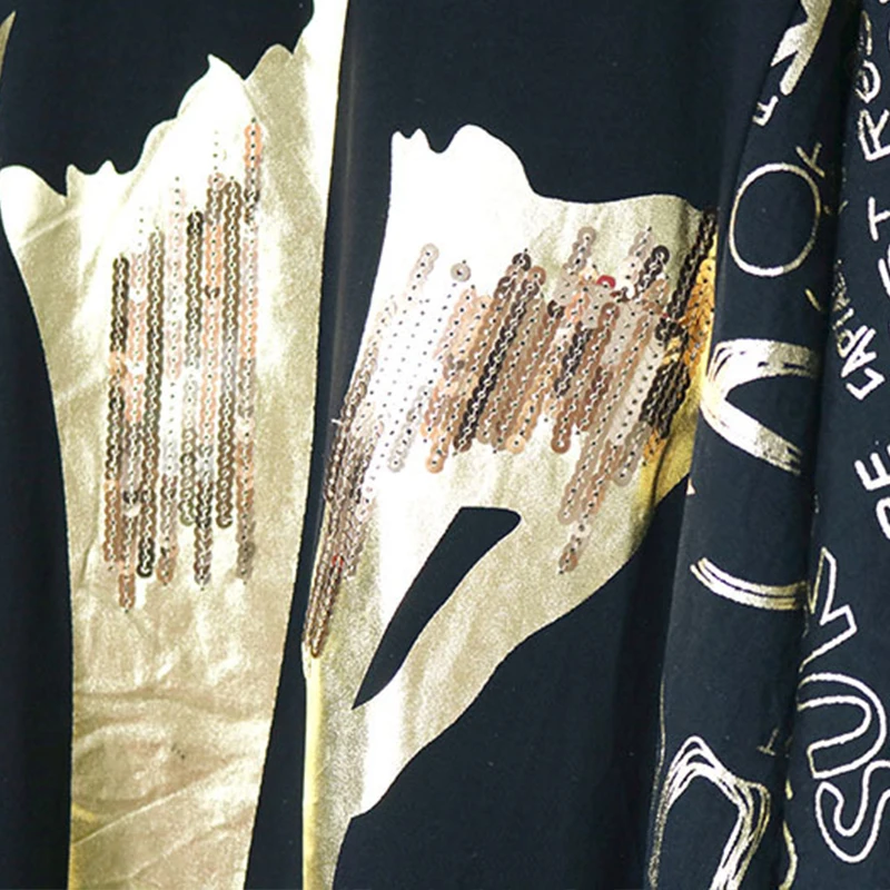 

Black Punk Women Gold Sliver Stamping Sequin T-shirt 2020 Rock Lady Loose Letter Hipster Oversize Batwing Sleeve Tshirt Long Top