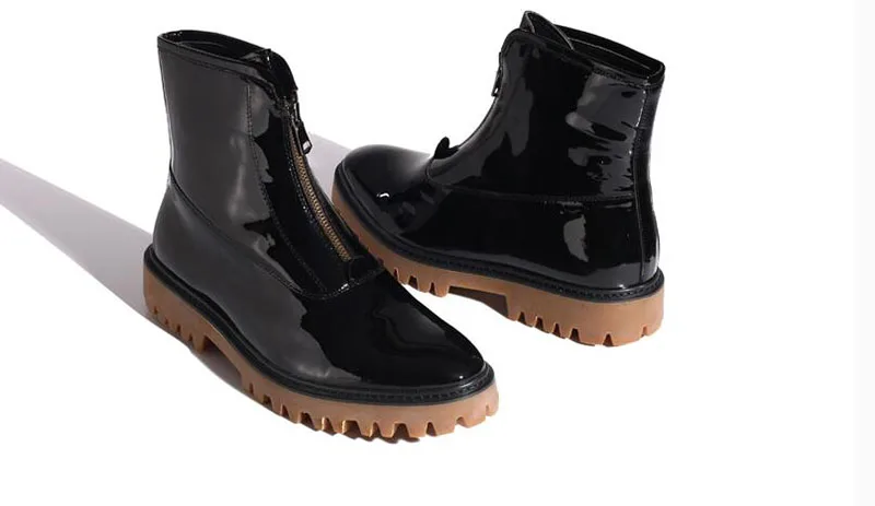 Full Grain Leather Autumn Black Ankle Mens Patent Boots Shoes Zipper Genuine Real High Quality Sole Platform Thick Soled