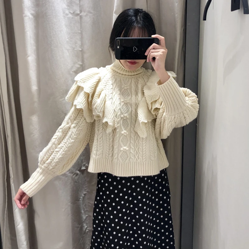 Осенне-зимние короткие женские вязаные пуловеры с высоким воротником свитер