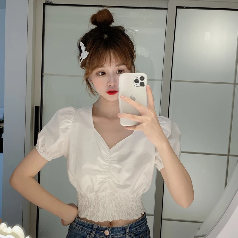 

Short Sleeve T-Shirt 2021 Summer Kawaii Casual Women's V-neck Charade Chiffon Blouse Slim-Fit Top