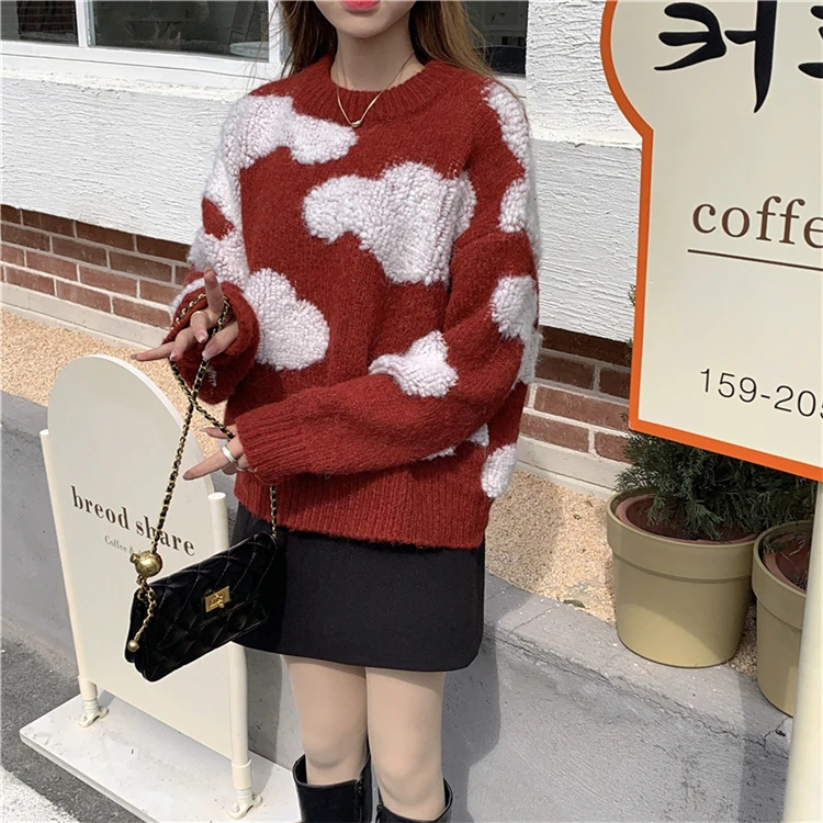 

Knitted Sweater Women 2021 Autumn Winter Clouds Pattern Round Neck Long Sleeve Loose Pullover New Year Red Thicken Top Sweater