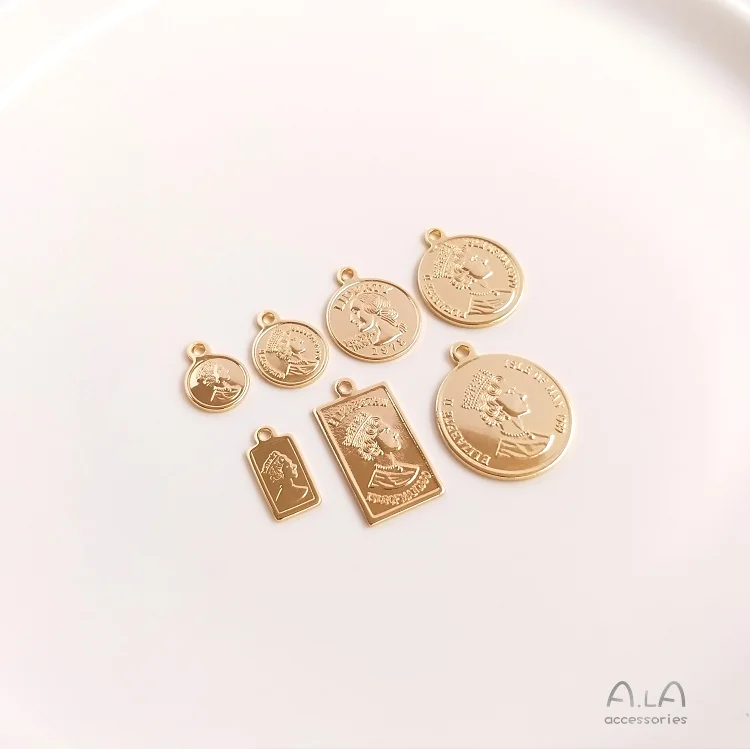 

Customized Color Preserving 14K Gilded Cast Copper Coin Queen Head round Pendant Handmade DIY Necklace Rectangular Pendant Tag