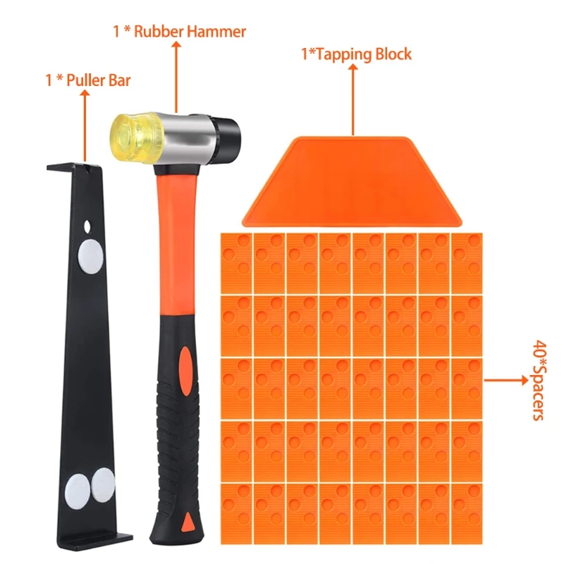 

Wood Flooring Installation Tool Kit with Durable Tapping Block Long Pull Bar Double-Faced Hammer and 40PCS Wedge Spacers