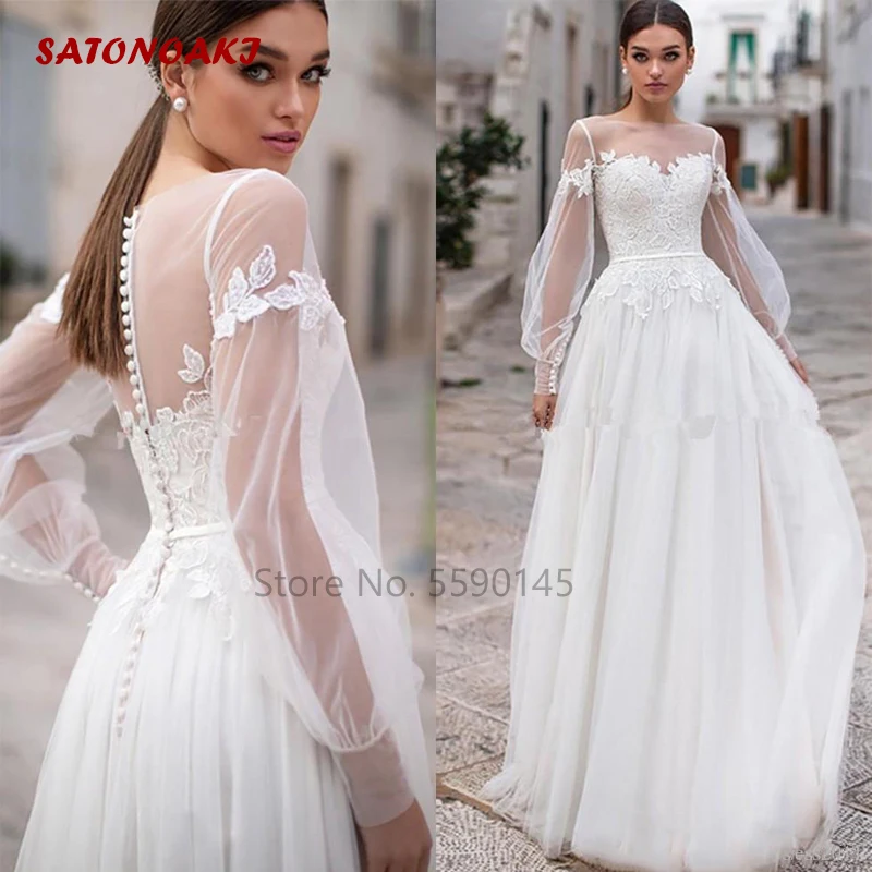 

Modest Long Sleeves Boho Wedding Dress Sheer Jewel Neck Lace Appliques Button Back A Line Bridal Gown Vestidos De Novia Robe