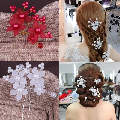 

3-piece Set Red Bridal Headdress Pearl Flower Tiaras Korean Hairpin Wedding Hair Accessories Fashion Accessories Wholesale