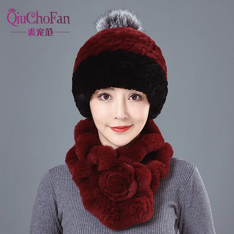 

Women's Genuine Rex Rabbit Fur Hats Winter Rex Rabbit Fur Beanies Striped Head Top Flower Real Fox Fur Warm Real Fur Knit Caps