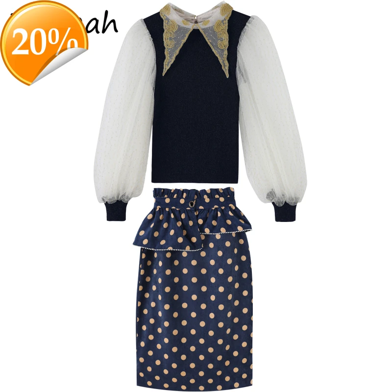 

Summer Women Fashion Designer Rock Set Lateral Sleeve Pearls Lose Tops + High waist Midi skirts 2-piece suits