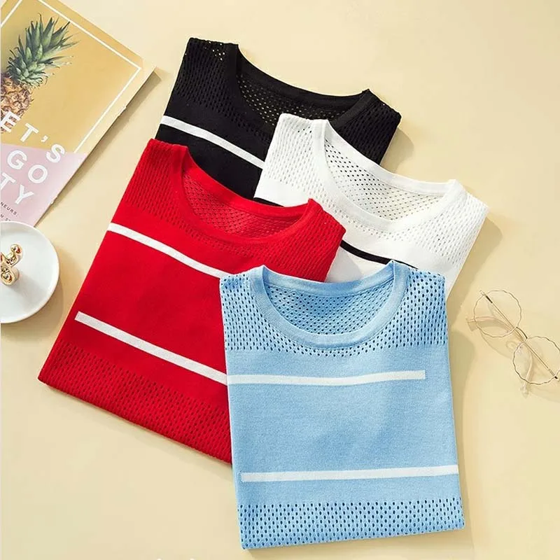 Тонкая летняя футболка большого размера в полоску женская вязаная Корейская