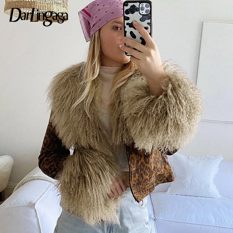 

Darlingaga Vintage Fairycore Grunge Faux Fur Patchwork Leopard Female Jacket Fluffy Cropped Coat Y2K Club Party Autumn Jackets
