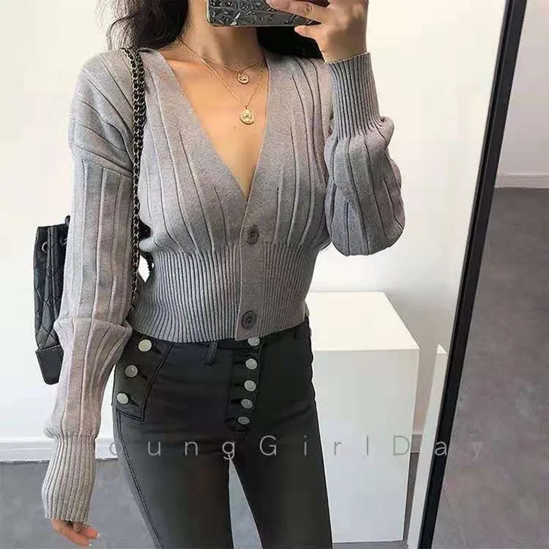 

New Sweater Autumn Sexy V-neck Slim Cardigan Tunic Short Solid Pullover Fashion Streetwear Knitted Sweaters Women Tops Tide
