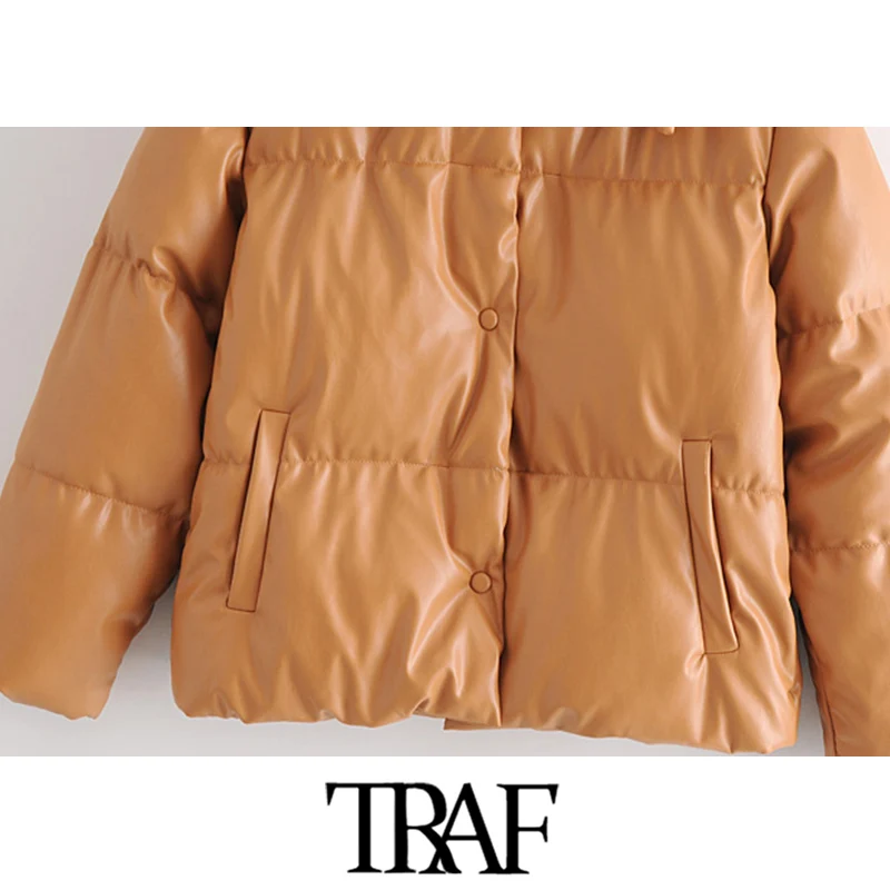 

Women Fashion Faux Leather Thick Warm Padded Jacket Coat Vintage Long Sleeve Pockets Female Outerwear Chic Tops 2021 New