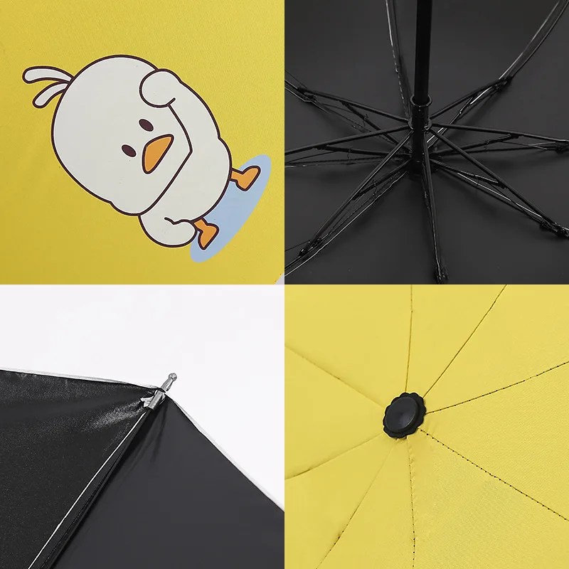 Маленький портативный складной зонт с желтой уткой три складных черных